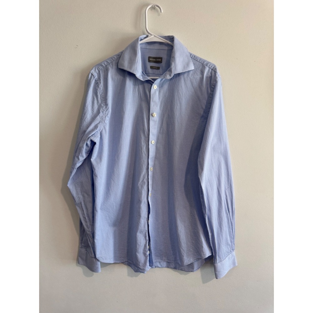 Michael Kors Slim Fit Button Down Shirt Mens L‎ Blue Micro Check Long Sleeve